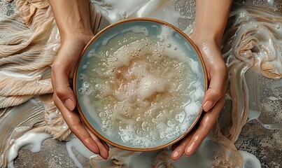 Girl holding a bowl of soapy water close-up