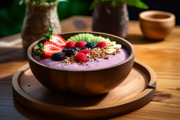 Bowl of fruit and granola on wooden plate.