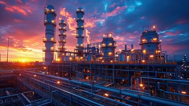 gas turbine electrical power plant with in twilight power for factory energy concept with stock image