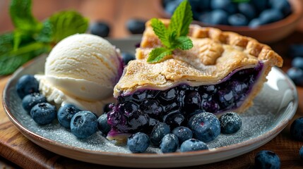 Freshly baked blueberry pie slice paired with creamy vanilla ice cream, mint leaves, close-up, vibrant details