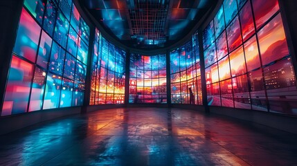 Vibrant multi-screen display showcasing diverse content in modern high-tech setting