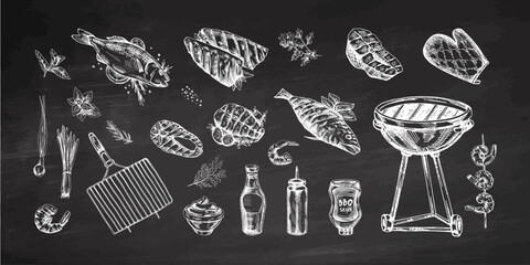 A set of hand-drawn sketches of barbecue and picnic elements, barbecue grill, tools, grilled fish, fish steaks. For the design of menu. Vintage illustration on chalkboard background. © Mariia Mazaeva