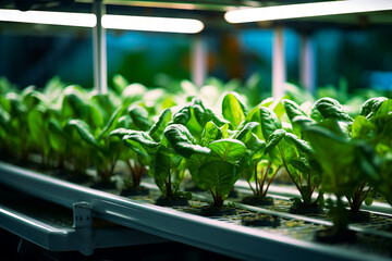 Row of green plants growing in greenhouse with lights.