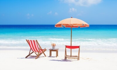 beach chair is set up on the sand, with a red umbrella providing shade