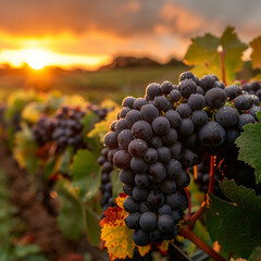 arafed bunch of grapes growing in a field at sunset