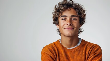 Naklejka premium young man wearing orange sweater over isolated white background happy face smiling with crossed arms looking at the camera illustration photo
