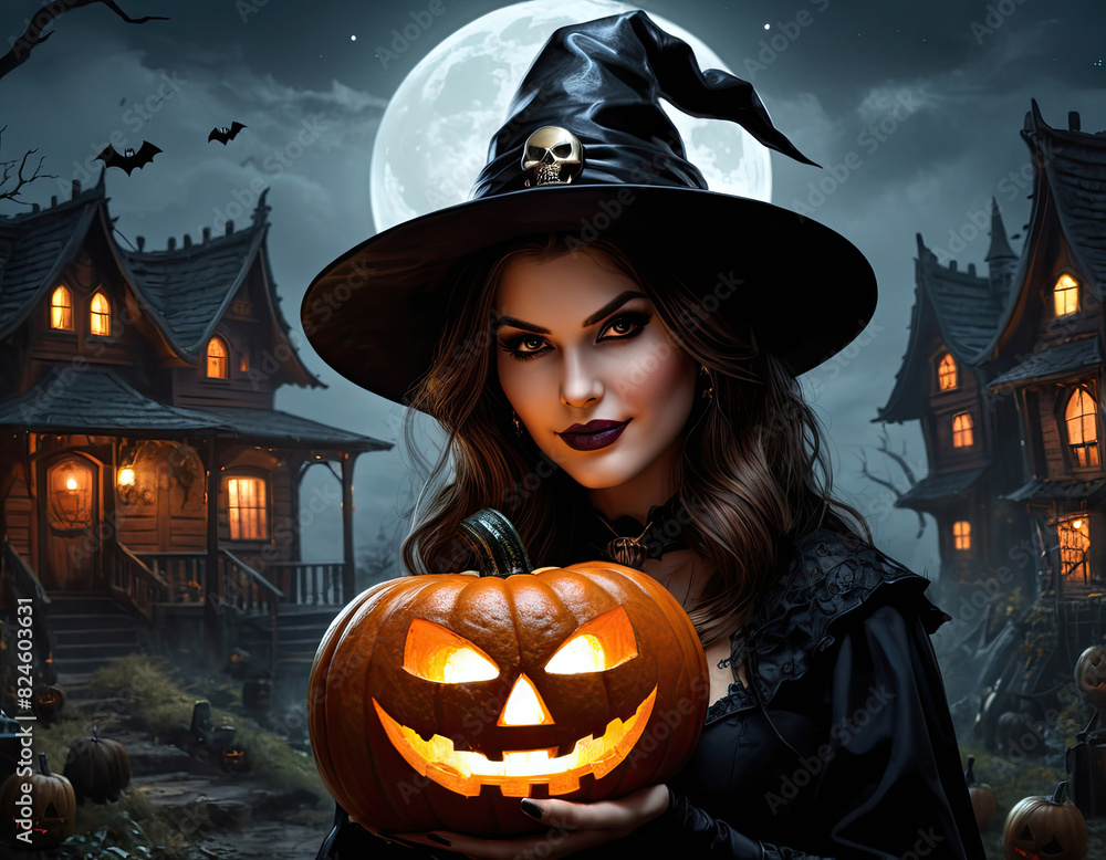 Wall mural Halloween jack o lanterns and witch on various creepy background