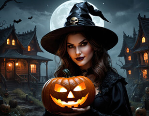 Halloween jack o lanterns and witch on various creepy background