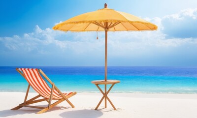 beach chair is set up on the sand, with a red umbrella providing shade