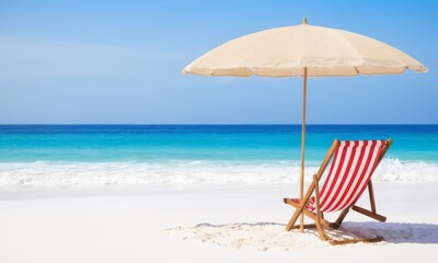 beach chair is set up on the sand, with a red umbrella providing shade