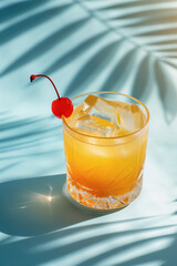 Chilled Drink with Orange and Ice in Old Fashioned Glass: Tropical Vibes with Palm Trees in the Background