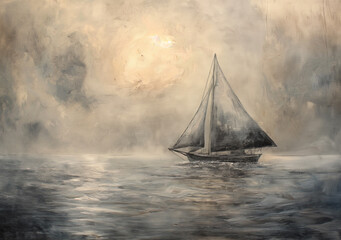 painting of a sailboat in the ocean with a cloudy sky