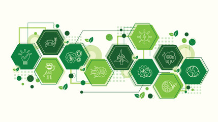 The Concept of AI, Artificial Intelligence and Green Technology For Sustainability Development. Ecology Icons, Environment Vector, Eco Friendly and Green Economy. Flat Doodle Template Design.