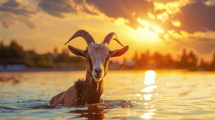 Portrait of a goat with horns in the water at sunset.