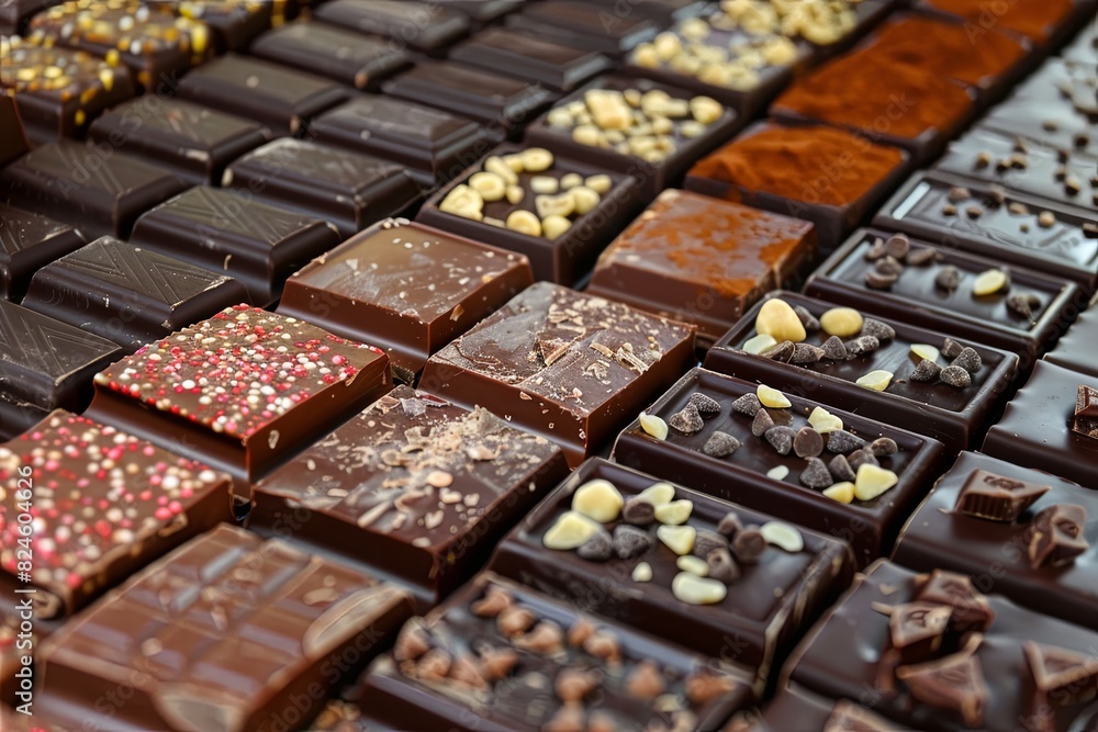 Poster Various types of chocolate bars neatly arranged on a table, showcasing a wide range of flavors and textures. Generative AI