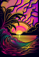 a colorful poster of a sunset with dolphins in the ocean