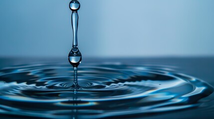 Droplet of water falling onto a clear blue surface, forming perfect concentric circles