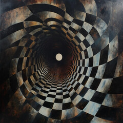painting of a black and white spiral with a white dot in the center