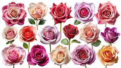 Set of Roses Isolated on Transparent Background, Collection Of Roses, Roses In Different Colors
