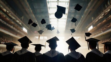 Young happy Asian woman university graduate in graduation gown and cap in the college campus. Education stock photo. A group of graduates throwing graduation caps in the air. Graduation 