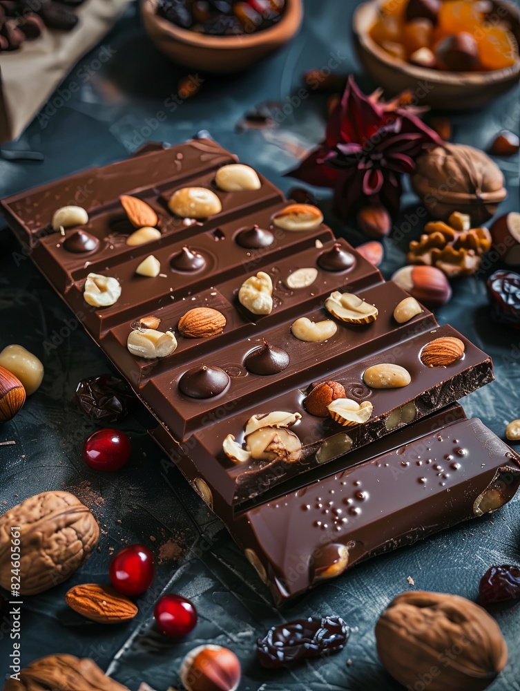 Poster A bar of chocolate topped with nuts and cranberries on a wooden table. Generative AI