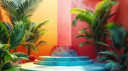 A sleek 3D podium, vibrant tropical setting, palm leaves