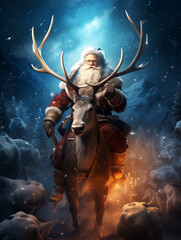 santa claus riding a reindeer through a snowy forest