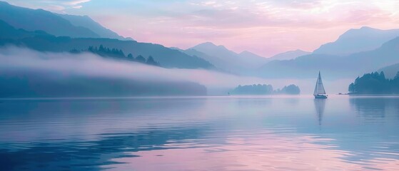 A lone sailboat drifts on a tranquil lake at dawn, surrounded by mist-covered mountains. The calm...
