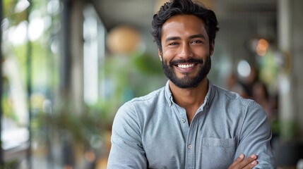 Fototapeta premium smiling indian business man employee or manager standing isolated on gray background holding laptop advertising online products business trainings and webinars websites or services illustration image