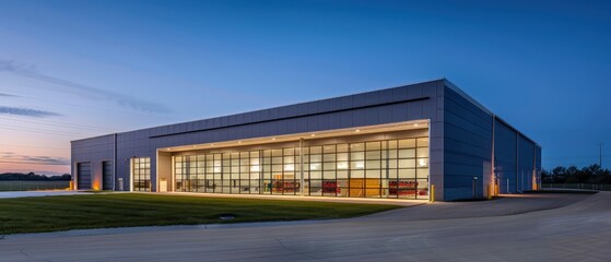 Obraz premium modern logistics at its finest with our warehouse building. Clear, even lighting maximizes visibility, complementing its sleek design and innovative features for optimal efficiency