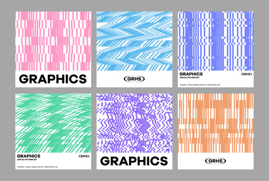 Graphic design pattern set square pixel weaving distorted twist mosaic digital bold line trendy modern pastel color unique urban style tech futuristic artwork concept cover flyer fabric texture poster