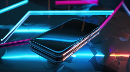 A sleek, new smartphone displayed on a reflective surface with holographic interface elements, emphasizing cutting-edge technology