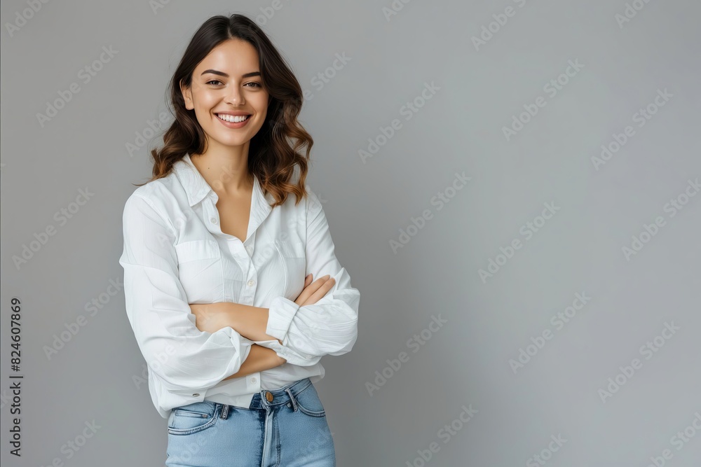 Wall mural A smiling woman in jeans and white shirt. - Wall murals
