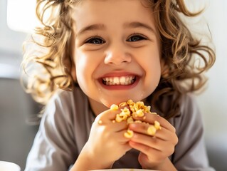 A little girl eating popcorn while smiling.