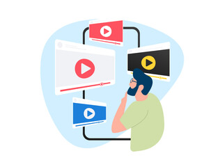 Rise of Video Content for Marketing. Man is surrounded by personalized search-optimized videos from various media platforms. Huge video trends flat vector illustration on white background