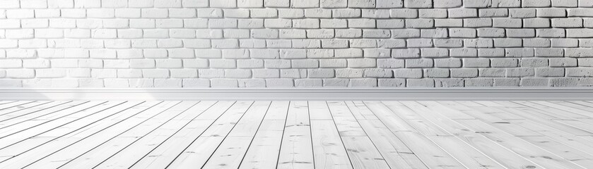 White brick wall and white wooden floor texture background.