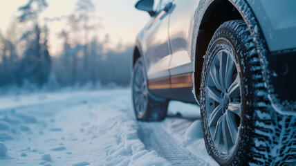 A close-up shot of an SUV's winter tires gripping the snowy road, emphasizing safety and stability. Ai generated