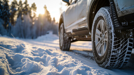 A close-up shot of an SUV's winter tires gripping the snowy road, emphasizing safety and stability....
