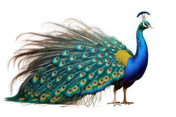 Majestic Splendor: A Blue and Yellow Peacock Unveils Its Magnificent Feathers on a White or Clear Surface PNG Transparent Background.