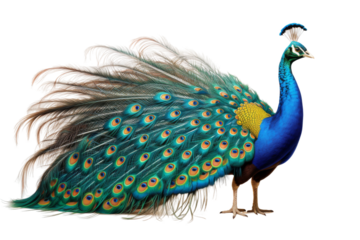 Majestic Splendor: A Blue and Yellow Peacock Unveils Its Magnificent Feathers on a White or Clear Surface PNG Transparent Background.