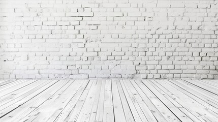 Fototapeta premium Whitewashed brick wall and wooden floor texture.room with wood floor