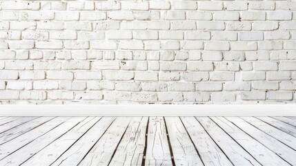 Fototapeta premium Whitewashed brick wall and wooden floor texture.brick wall and wood floor