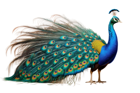 Majestic Splendor: A Blue and Yellow Peacock Unveils Its Magnificent Feathers on a White or Clear Surface PNG Transparent Background.