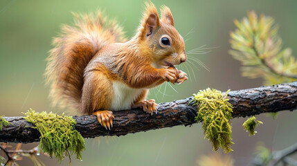 Obraz premium A red squirrel holding a nut while sitting a branch that is covered in moss.