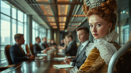 A regal baroque princess commanding attention as she negotiates with modern business executives in a sleek boardroom. Ai generated