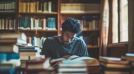 A man reading a book in a library.