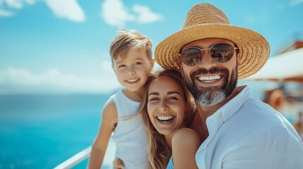 Happy family on a summer vacation, smiling and enjoying a sunny day on a yacht with a beautiful ocean background.