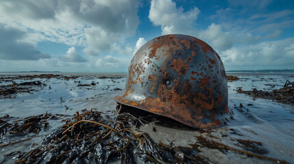 A rusty helmet sits atop a sandy beach covered in seaweed, with the backdrop of a cloudy sky and the tranquil waters of the ocean.