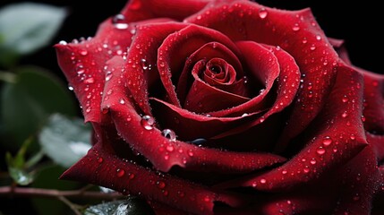 Macro Shot of a Radiant Red Rose with Dewdrops, Revealing Exquisite Details and Textures