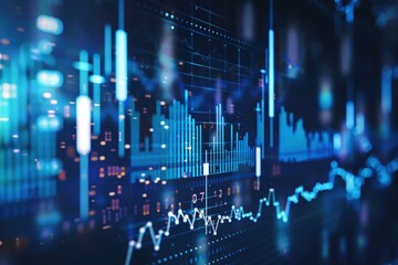 a perspective view of stock market growth, business investing, and data concepts. The composition features digital financial chart graphs, diagrams, and indicators set against a sophisticated blue